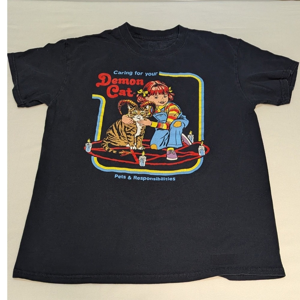 Steven Rhodes Demon Cat Graphic‎ Tee Mens S Black Excellent Retro Occult Shirt